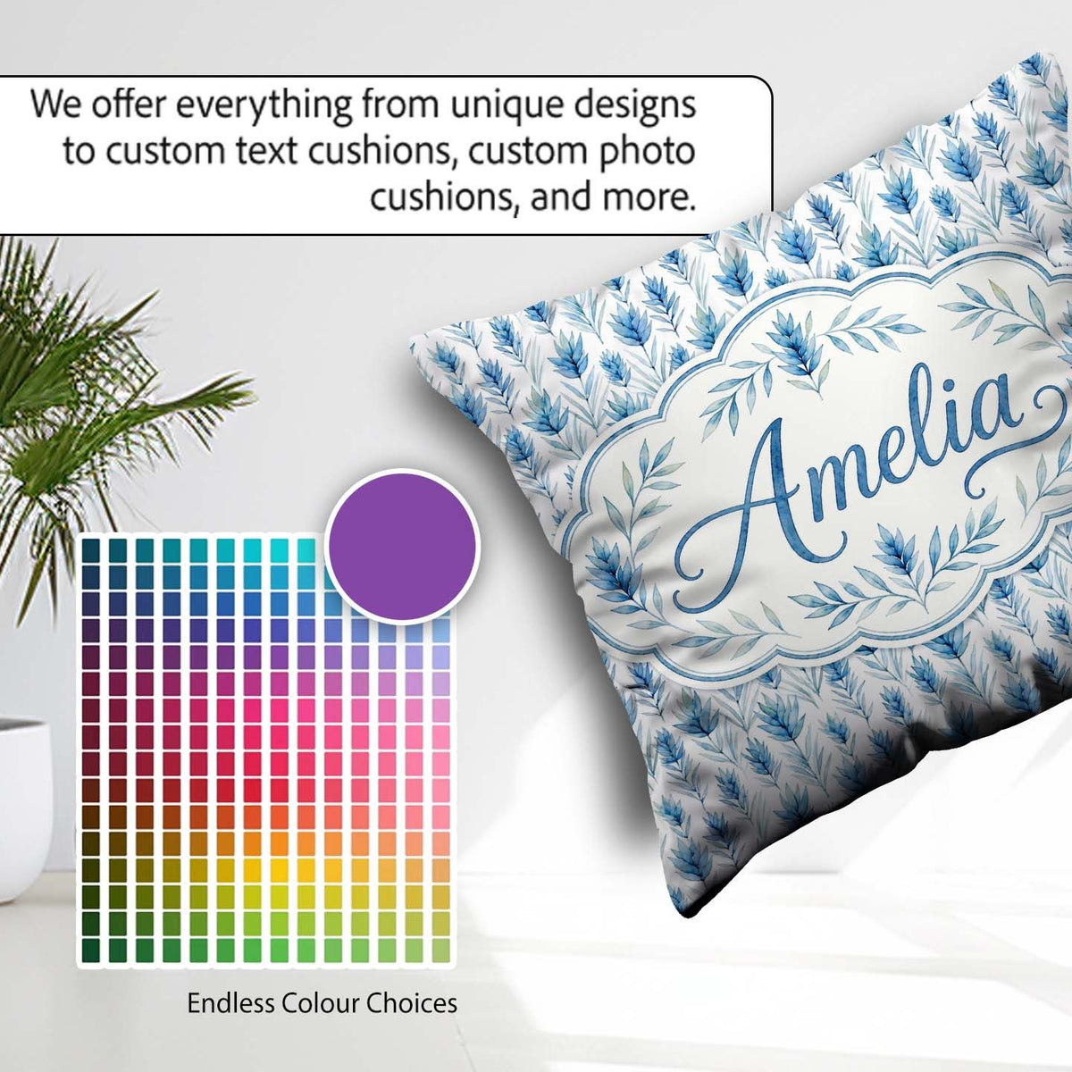 Custom Name Blue Botanical Leaves Floral Seamless Pattern Lovely Square Filled Cushion Throw Pillow Sofa Bed Home Decor Zip Washable UK Made