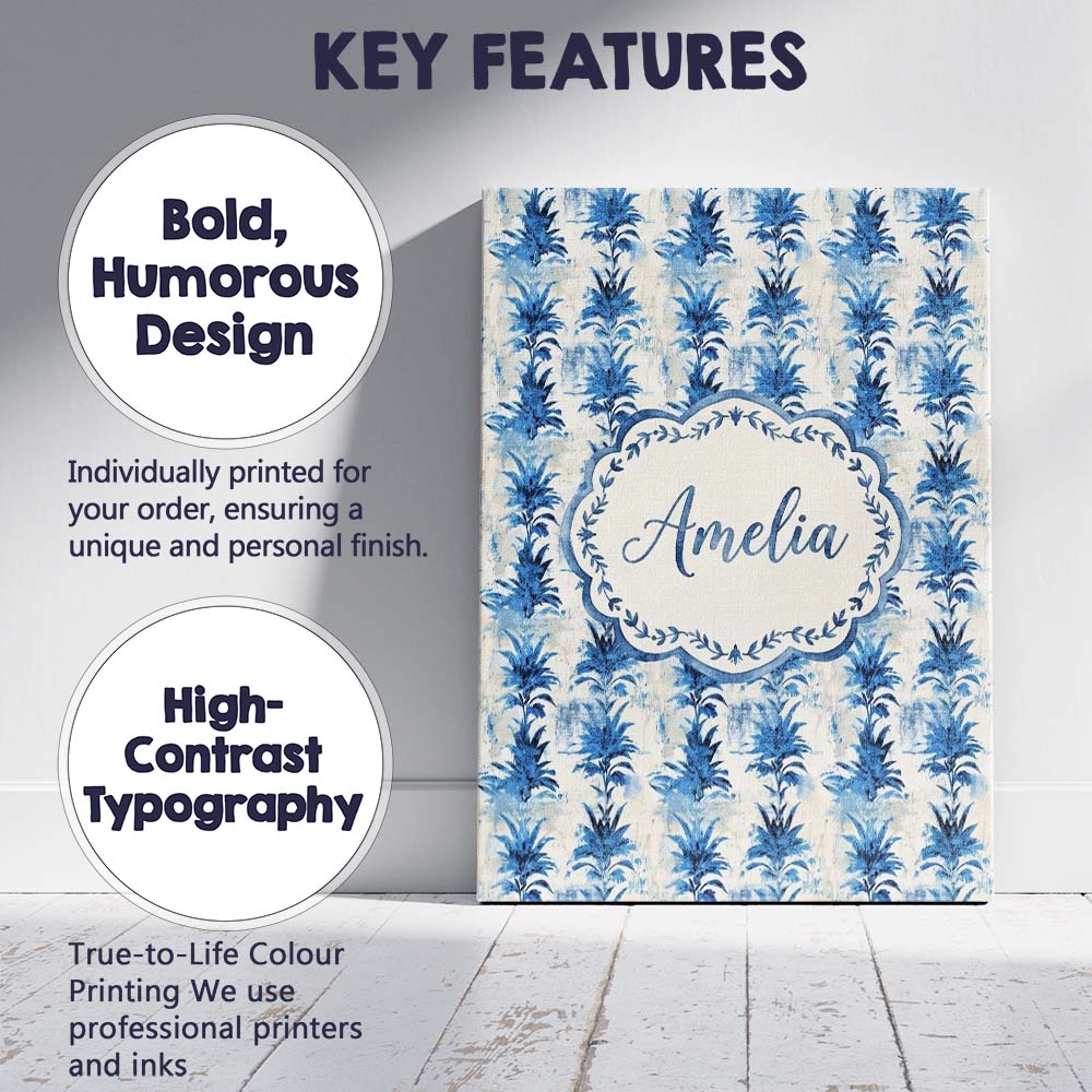Personalised Name Blue Tropical Leaf Custom Premium Decorative Design Modern Room Accent Canvas Wall Art Print Decor Picture Ready to Hang