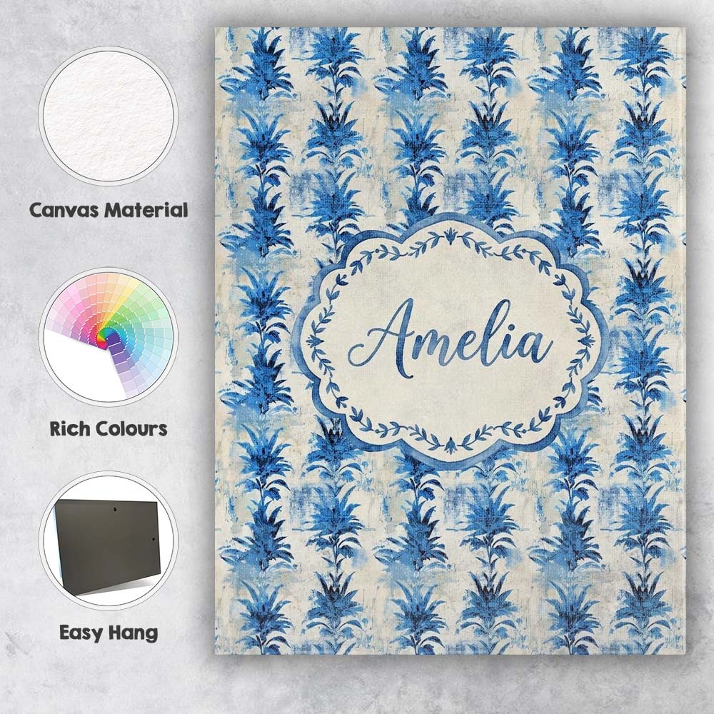 Personalised Name Blue Tropical Leaf Custom Premium Decorative Design Modern Room Accent Canvas Wall Art Print Decor Picture Ready to Hang