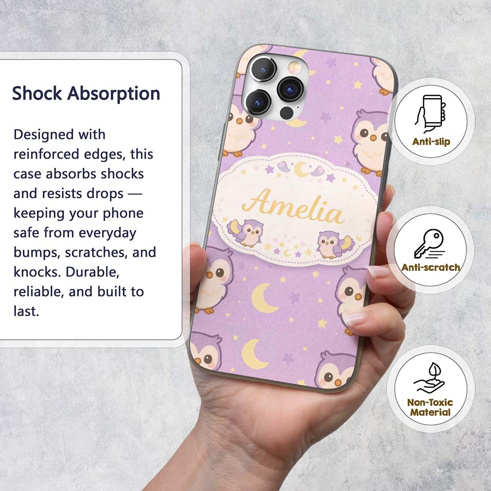 Cute Night Owl Moon Cartoon Animal Printed Design Custom Name Protective Phone Case Mobile Cover Durable Everyday Smartphone Shock Resistant