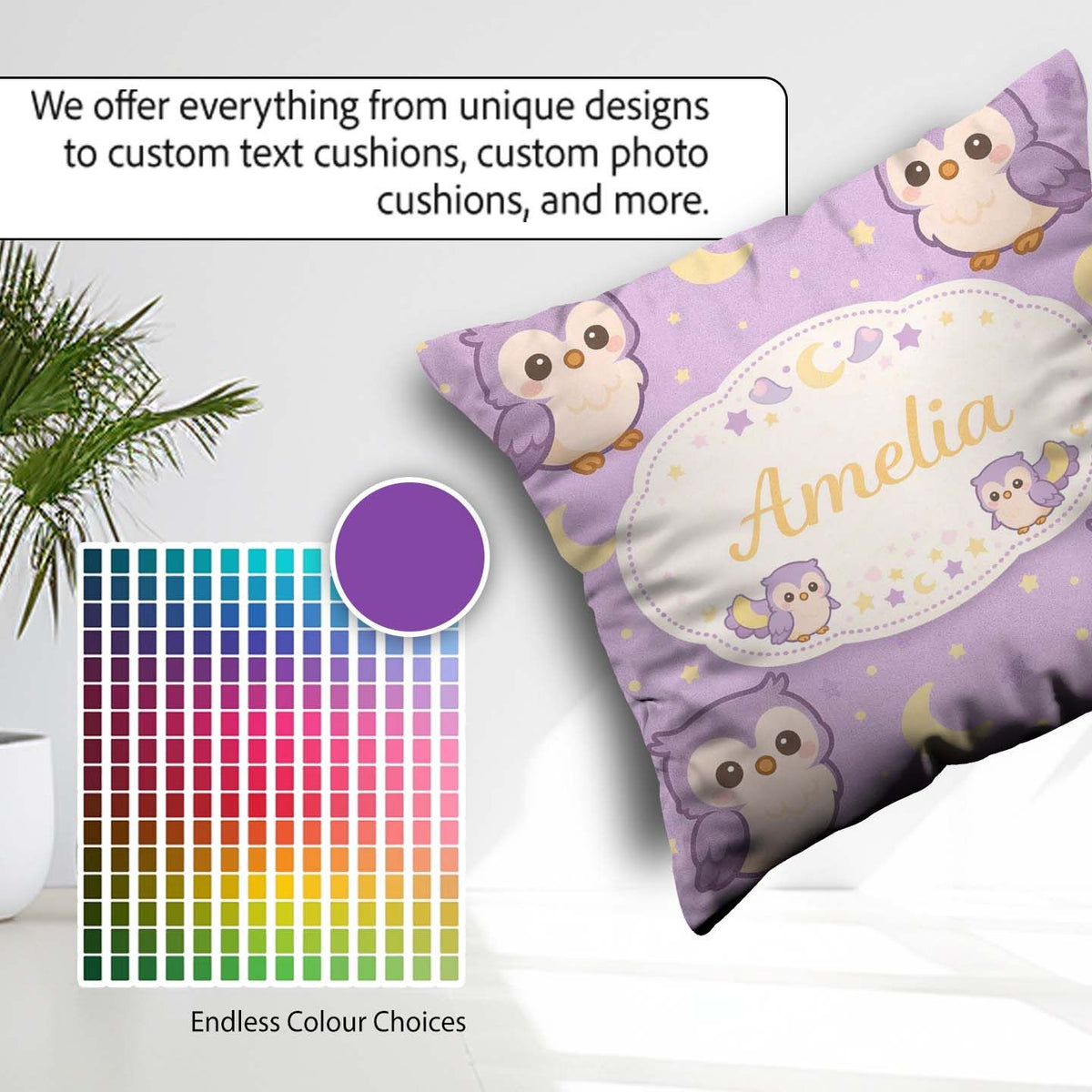 Custom Name Cute Night Owl Moon Cartoon Animal Pattern Decor Square Filled Cushion Throw Pillow Sofa Bed Home Decor Zip Washable UK Made