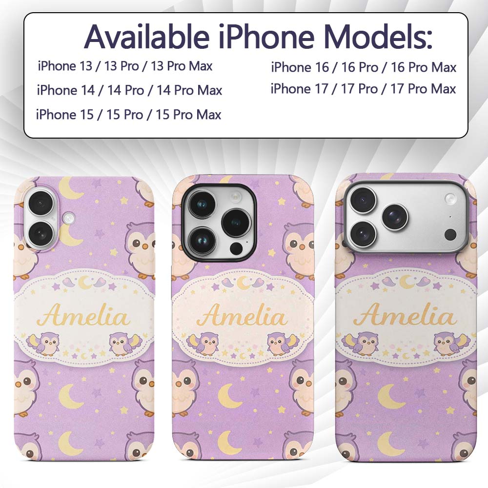 Cute Night Owl Moon Cartoon Animal Printed Design Custom Name Protective Phone Case Mobile Cover Durable Everyday Smartphone Shock Resistant