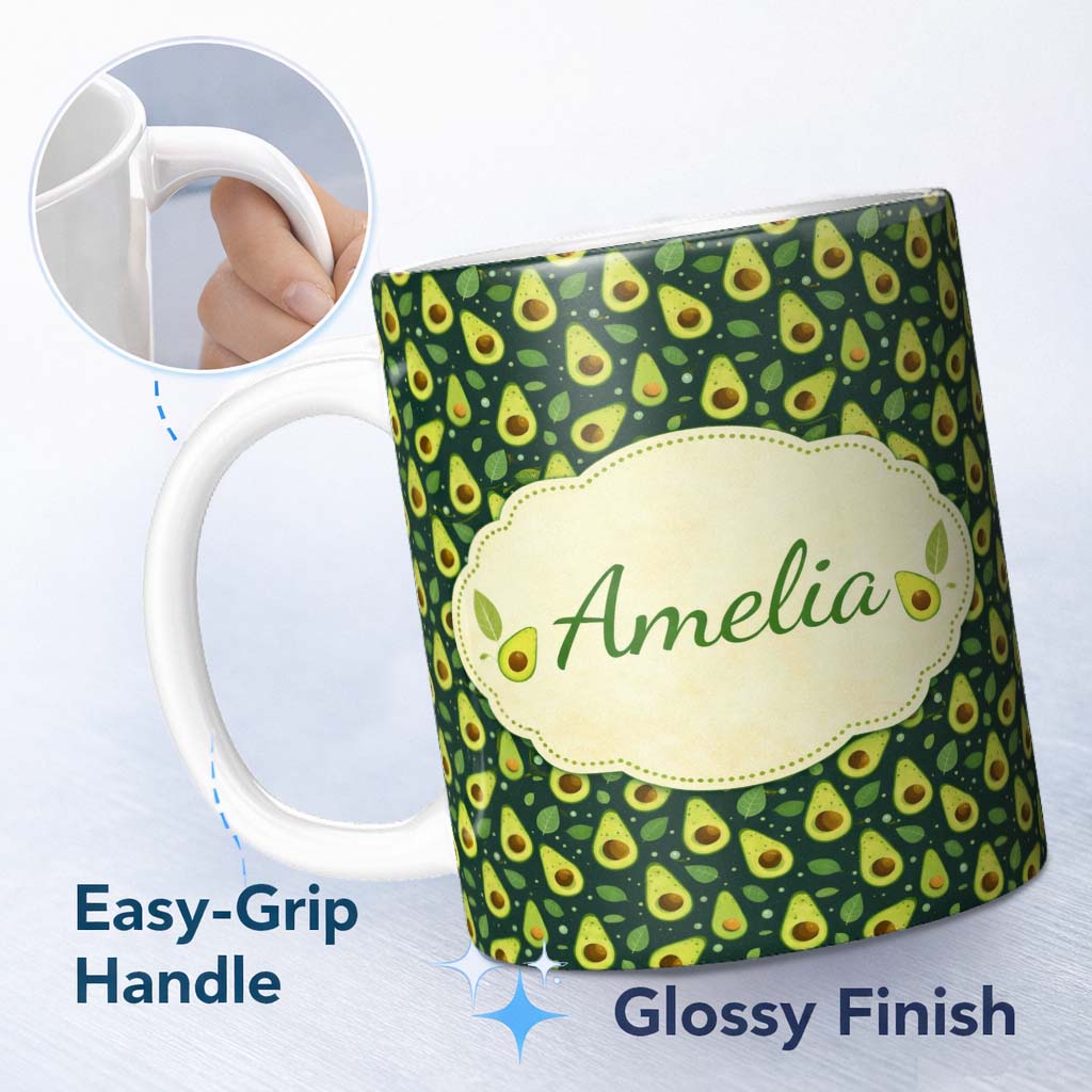 Personalized Custom Name Avocado Leaves Botanical Green Pattern Thoughtful Gift Idea Lovely 11oz Ceramic Coffee Tea Mug White Large Handle