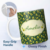 Personalized Custom Name Avocado Leaves Botanical Green Pattern Thoughtful Gift Idea Lovely 11oz Ceramic Coffee Tea Mug White Large Handle