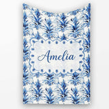 Blue Tropical Botanical Grunge Texture Seamless Pattern Lovely  Personalised Custom Name Super Soft Fleece Blanket Bed Sofa Throw