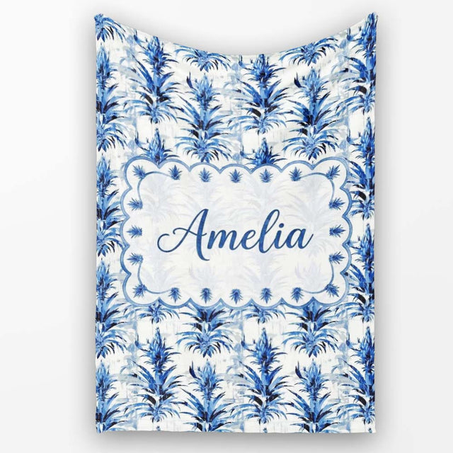 Blue Tropical Botanical Grunge Texture Seamless Pattern Lovely  Personalised Custom Name Super Soft Fleece Blanket Bed Sofa Throw