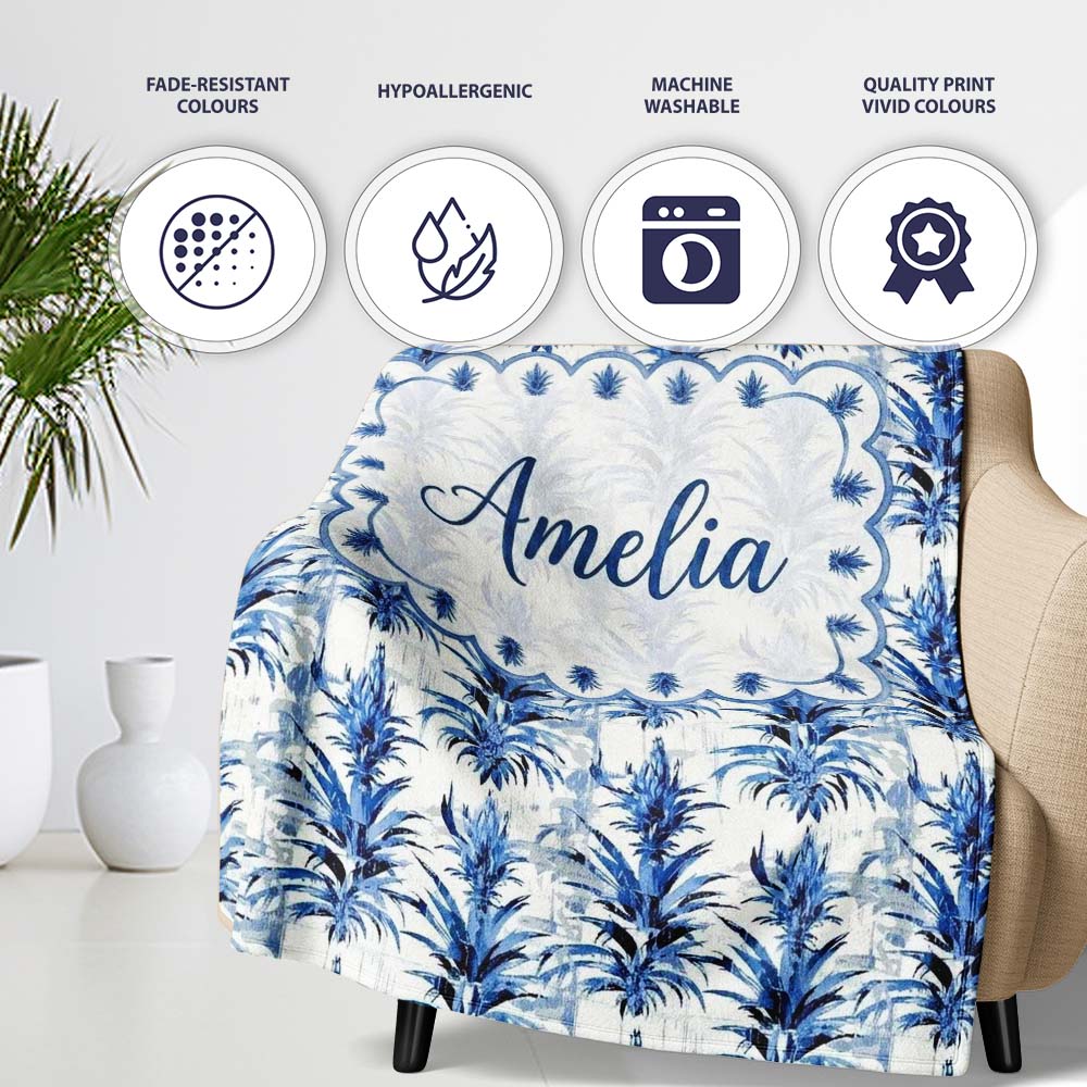 Blue Tropical Botanical Grunge Texture Seamless Pattern Lovely  Personalised Custom Name Super Soft Fleece Blanket Bed Sofa Throw