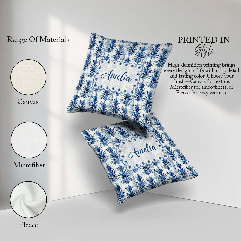 Custom Name Blue Tropical Grunge Texture Seamless Pattern Lovely Square Filled Cushion Throw Pillow Sofa Bed Home Decor Zip Washable UK Made