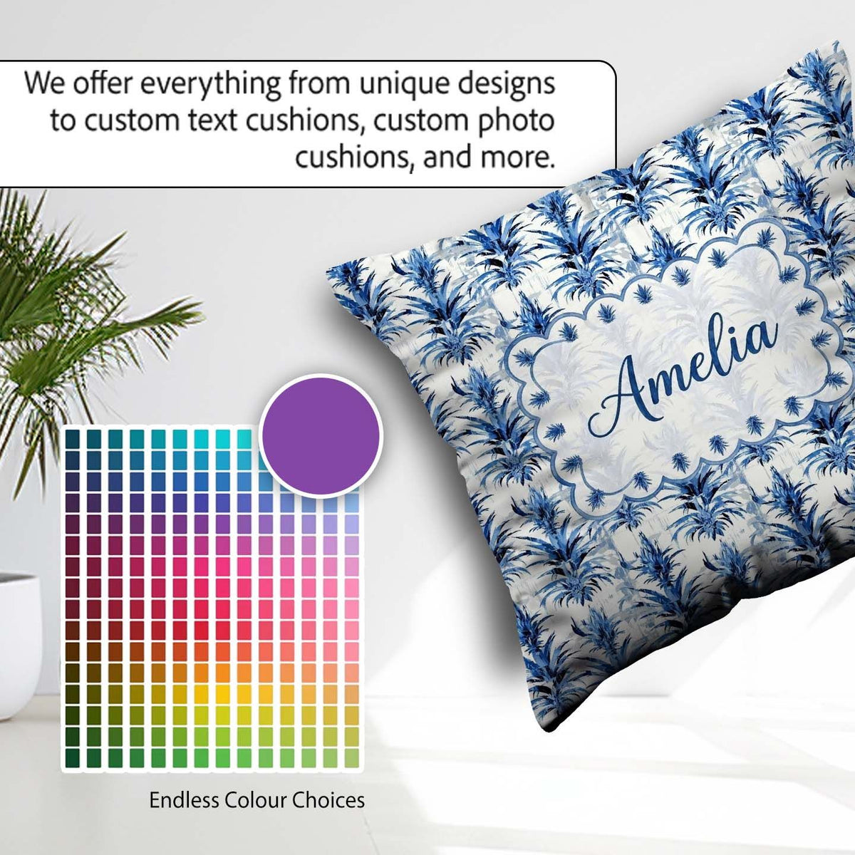Custom Name Blue Tropical Grunge Texture Seamless Pattern Lovely Square Filled Cushion Throw Pillow Sofa Bed Home Decor Zip Washable UK Made