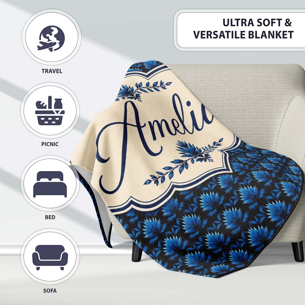 Dark Blue Lotus Flower Repeat Seamless Pattern Beautiful Coffee Cup  Personalised Custom Name Super Soft Fleece Blanket Bed Sofa Throw