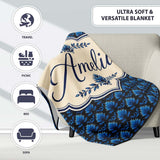 Dark Blue Lotus Flower Repeat Seamless Pattern Beautiful Coffee Cup  Personalised Custom Name Super Soft Fleece Blanket Bed Sofa Throw