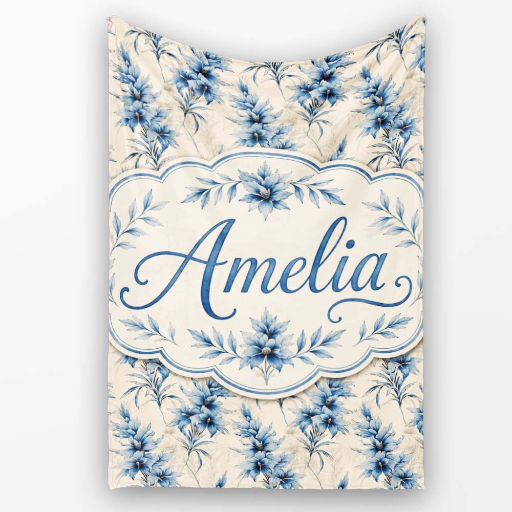 Elegant Blue Floral Vintage Botanical Seamless Pattern Lovely  Personalised Custom Name Super Soft Fleece Blanket Bed Sofa Throw