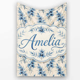 Elegant Blue Floral Vintage Botanical Seamless Pattern Lovely  Personalised Custom Name Super Soft Fleece Blanket Bed Sofa Throw