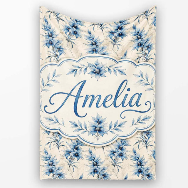 Elegant Blue Floral Vintage Botanical Seamless Pattern Lovely  Personalised Custom Name Super Soft Fleece Blanket Bed Sofa Throw