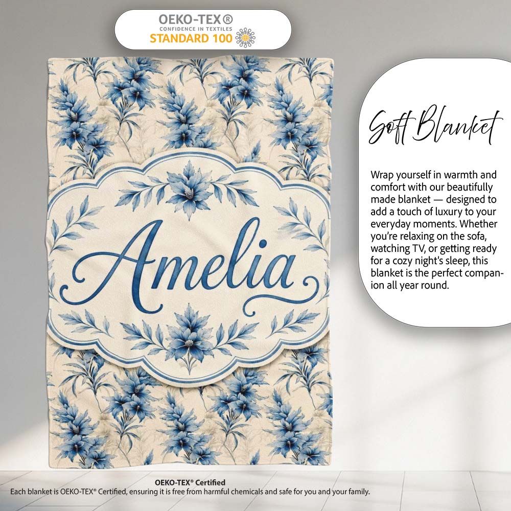 Elegant Blue Floral Vintage Botanical Seamless Pattern Lovely  Personalised Custom Name Super Soft Fleece Blanket Bed Sofa Throw