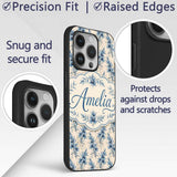 Elegant Blue Floral Vintage Botanical Seamless Custom Name Protective Phone Case Mobile Cover Durable Everyday Smartphone Shock Resistant