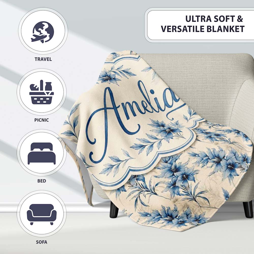 Elegant Blue Floral Vintage Botanical Seamless Pattern Lovely  Personalised Custom Name Super Soft Fleece Blanket Bed Sofa Throw
