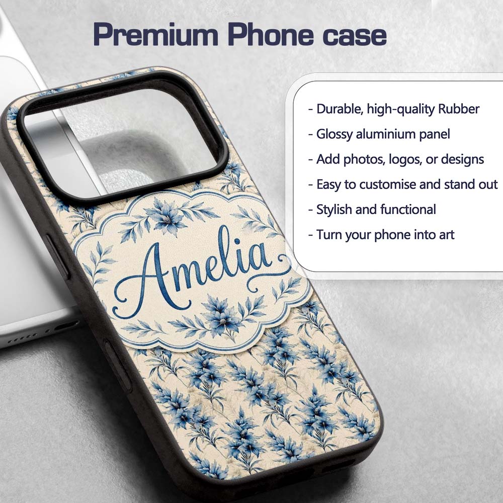 Elegant Blue Floral Vintage Botanical Seamless Custom Name Protective Phone Case Mobile Cover Durable Everyday Smartphone Shock Resistant