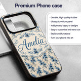 Elegant Blue Floral Vintage Botanical Seamless Custom Name Protective Phone Case Mobile Cover Durable Everyday Smartphone Shock Resistant