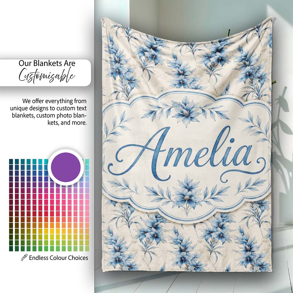 Elegant Blue Floral Vintage Botanical Seamless Pattern Lovely  Personalised Custom Name Super Soft Fleece Blanket Bed Sofa Throw
