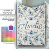Elegant Blue Floral Vintage Botanical Seamless Pattern Lovely  Personalised Custom Name Super Soft Fleece Blanket Bed Sofa Throw