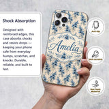 Elegant Blue Floral Vintage Botanical Seamless Custom Name Protective Phone Case Mobile Cover Durable Everyday Smartphone Shock Resistant