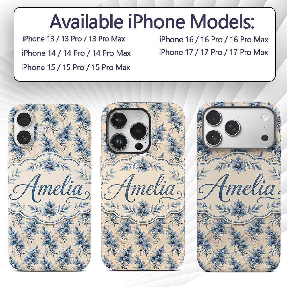Elegant Blue Floral Vintage Botanical Seamless Custom Name Protective Phone Case Mobile Cover Durable Everyday Smartphone Shock Resistant