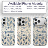 Elegant Blue Floral Vintage Botanical Seamless Custom Name Protective Phone Case Mobile Cover Durable Everyday Smartphone Shock Resistant
