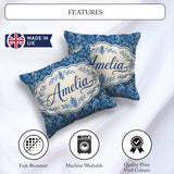 Custom Name Abstract Blue Tropical Leaf Painterly Pattern Lovely Square Filled Cushion Throw Pillow Sofa Bed Home Decor Zip Washable UK Made