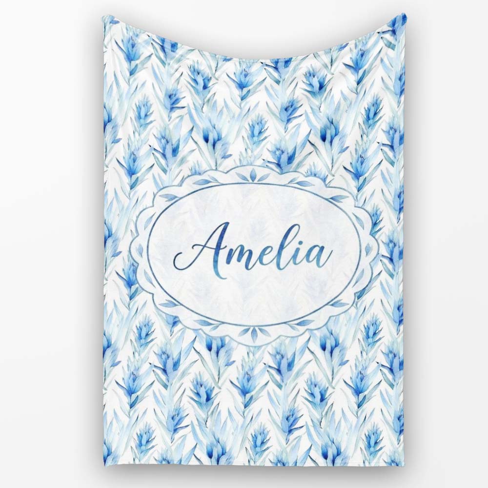 Soft Blue Botanical Watercolor Leaf Seamless Pattern Lovely  Personalised Custom Name Super Soft Fleece Blanket Bed Sofa Throw