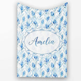 Soft Blue Botanical Watercolor Leaf Seamless Pattern Lovely  Personalised Custom Name Super Soft Fleece Blanket Bed Sofa Throw