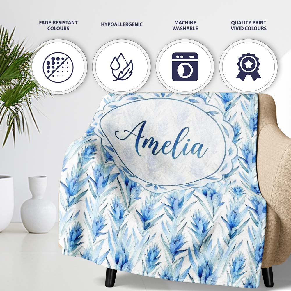 Soft Blue Botanical Watercolor Leaf Seamless Pattern Lovely  Personalised Custom Name Super Soft Fleece Blanket Bed Sofa Throw