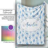 Soft Blue Botanical Watercolor Leaf Seamless Pattern Lovely  Personalised Custom Name Super Soft Fleece Blanket Bed Sofa Throw