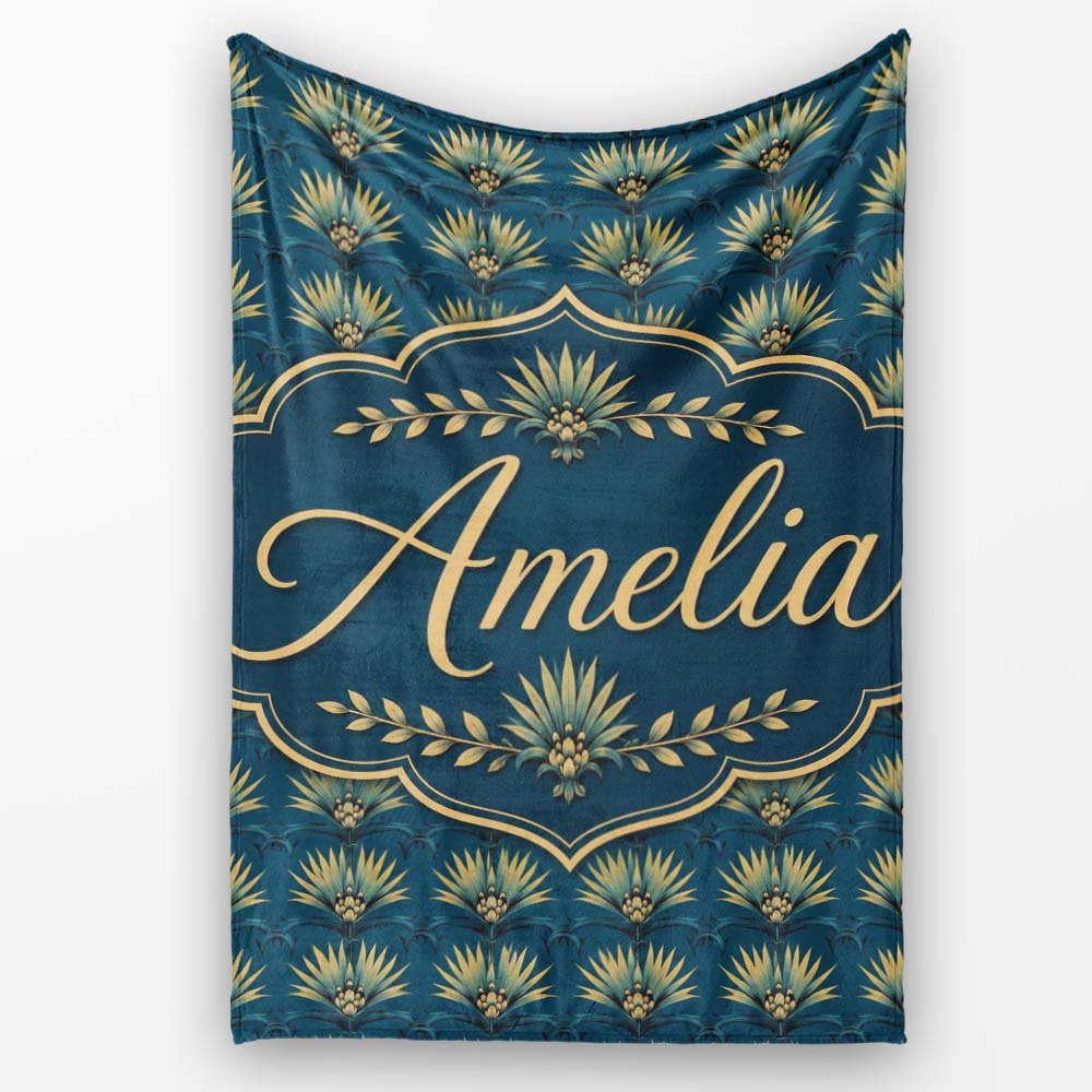 Art Deco Gold and Teal Floral Fan Seamless Pattern Cute Unique Gift  Personalised Custom Name Super Soft Fleece Blanket Bed Sofa Throw