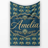 Art Deco Gold and Teal Floral Fan Seamless Pattern Cute Unique Gift  Personalised Custom Name Super Soft Fleece Blanket Bed Sofa Throw