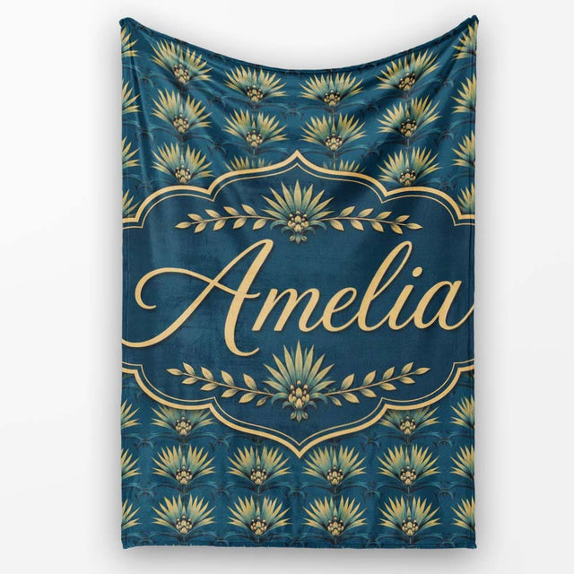 Art Deco Gold and Teal Floral Fan Seamless Pattern Cute Unique Gift  Personalised Custom Name Super Soft Fleece Blanket Bed Sofa Throw