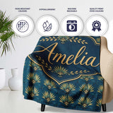 Art Deco Gold and Teal Floral Fan Seamless Pattern Cute Unique Gift  Personalised Custom Name Super Soft Fleece Blanket Bed Sofa Throw