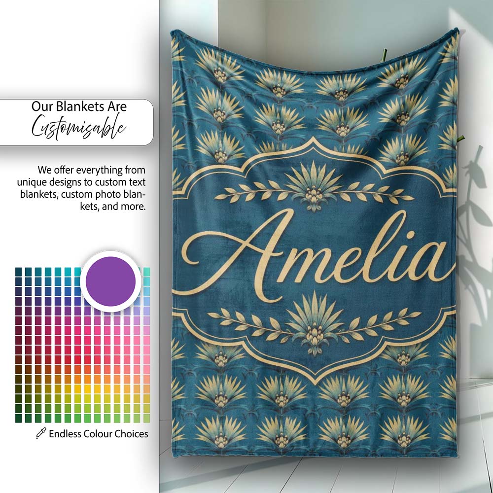 Art Deco Gold and Teal Floral Fan Seamless Pattern Cute Unique Gift  Personalised Custom Name Super Soft Fleece Blanket Bed Sofa Throw