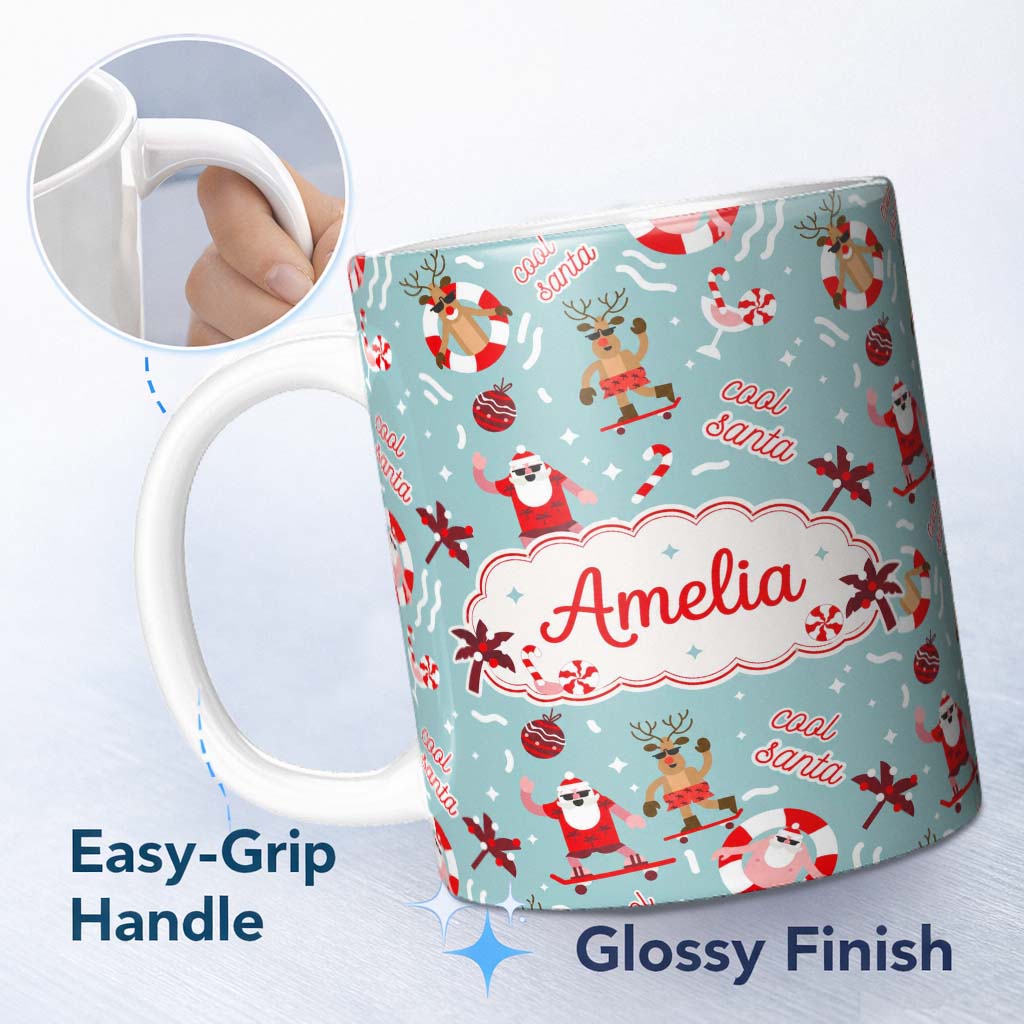 Personalized Custom Name Cool Santa Reindeer Skateboard Christmas Seamless Pattern Lovely 11oz Ceramic Coffee Tea Mug White Large Handle