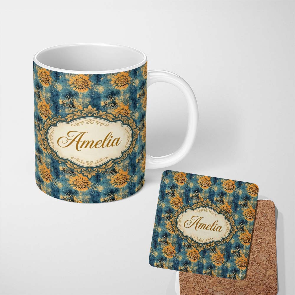 Personalized Custom Name Teal Mustard Abstract Floral Grunge Seamless Pattern Lovely 11oz Ceramic Coffee Tea Mug White Large Handle