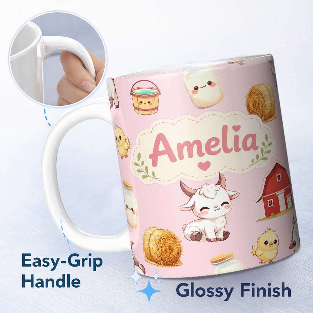 Personalized Custom Name Cute Farm Goat Barn Hay Bale Chick Milk Bucket Rose Background 11oz Ceramic Coffee Tea Mug White Large Handle