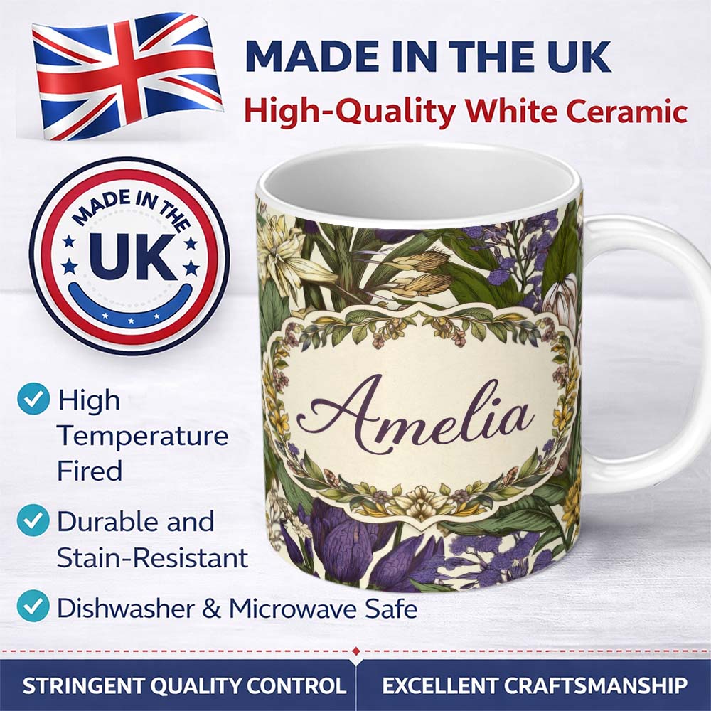 Personalized Custom Name Botanical Floral Garden Illustration Vintage Style Seamless Pattern 11oz Ceramic Coffee Tea Mug White Large Handle