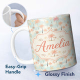 Personalized Custom Name Soft Pastel Palm Tree Island Pattern Seamless Pattern Lovely 11oz Ceramic Coffee Tea Mug White Large Handle