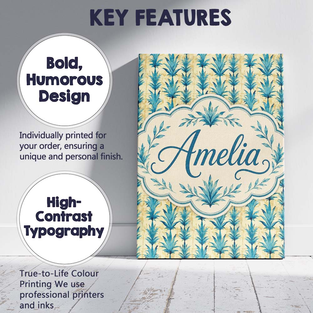 Personalised Name Teal Tropical Leaf Custom Premium Decorative Design Modern Room Accent Canvas Wall Art Print Decor Picture Ready to Hang