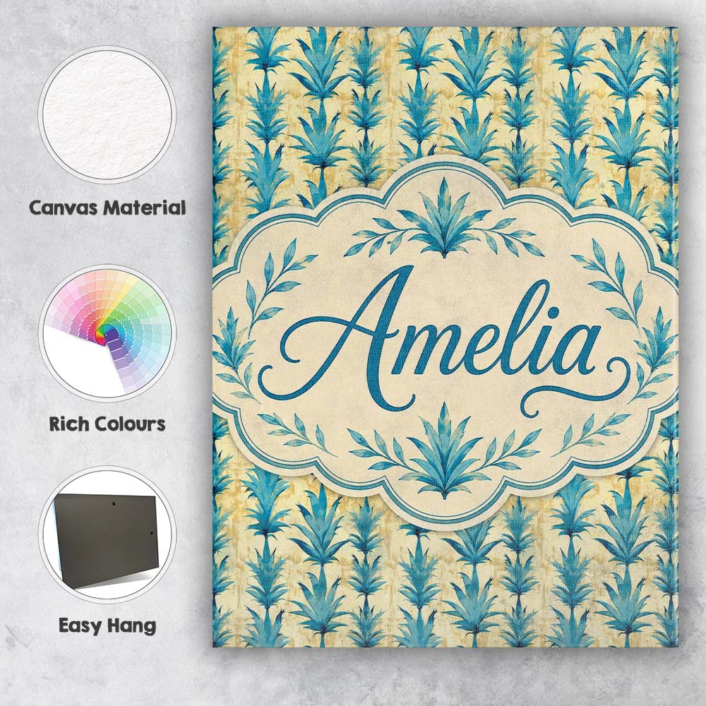 Personalised Name Teal Tropical Leaf Custom Premium Decorative Design Modern Room Accent Canvas Wall Art Print Decor Picture Ready to Hang