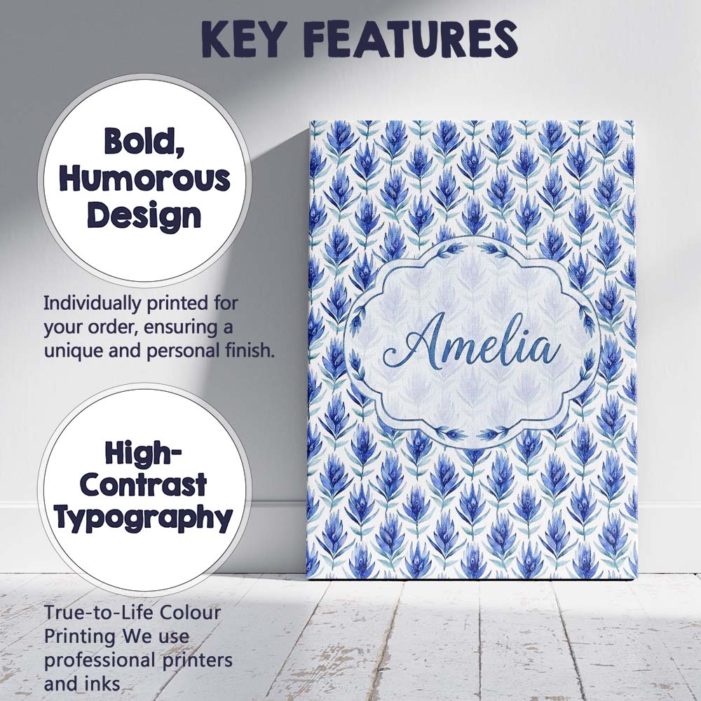 Personalised Name Delicate Blue Leaf Custom Premium Decorative Design Modern Room Accent Canvas Wall Art Print Decor Picture Ready to Hang