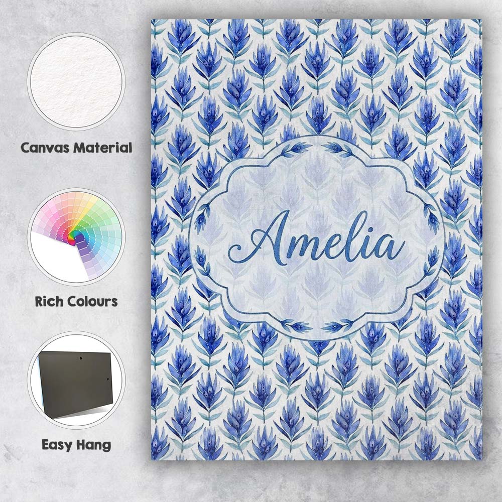 Personalised Name Delicate Blue Leaf Custom Premium Decorative Design Modern Room Accent Canvas Wall Art Print Decor Picture Ready to Hang