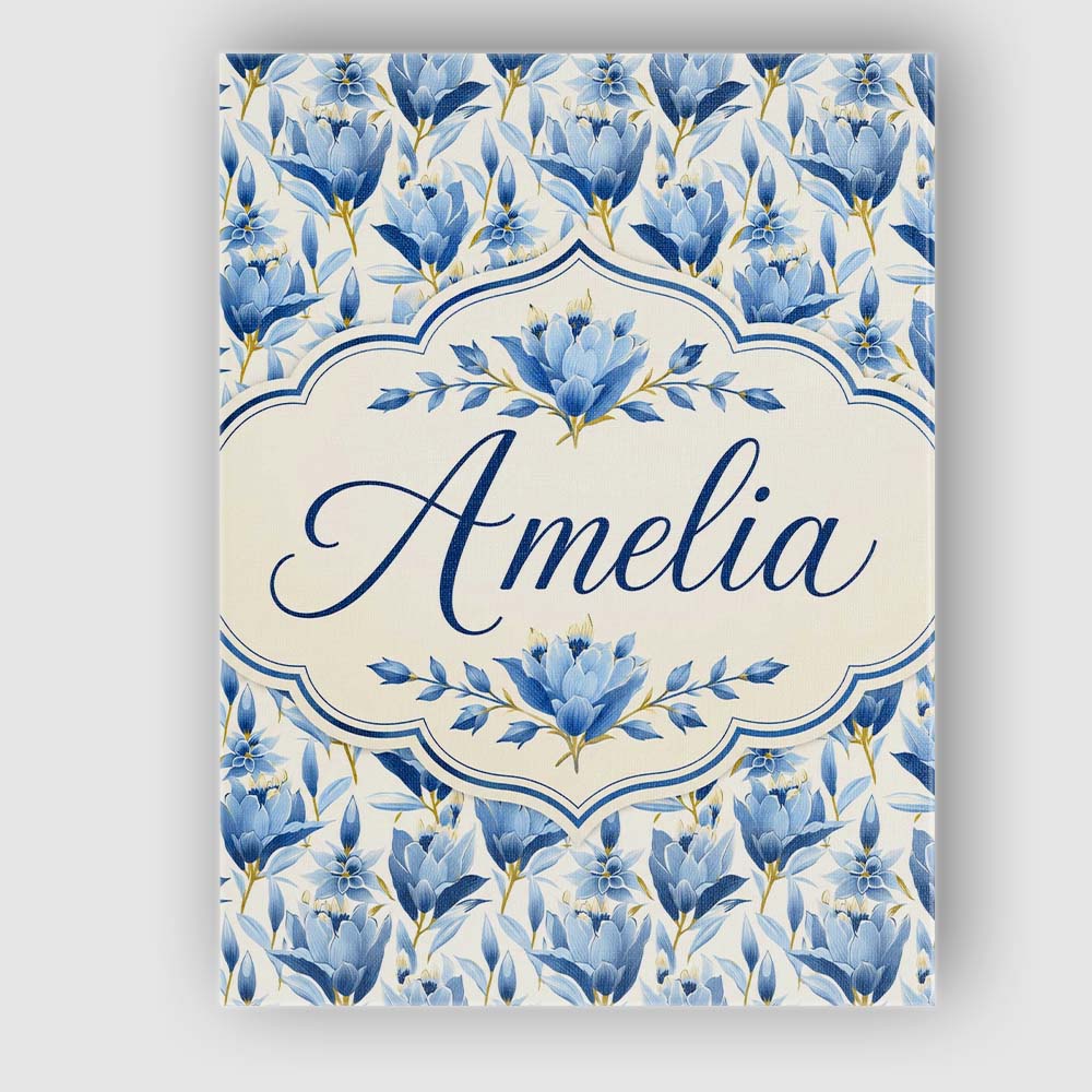 Personalised Name Blue Floral Botanical Custom  Modern Room Accent Elegant Feature Canvas Wall Art Print Decor Picture Ready to Hang