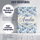 Personalised Name Blue Floral Botanical Custom  Modern Room Accent Elegant Feature Canvas Wall Art Print Decor Picture Ready to Hang