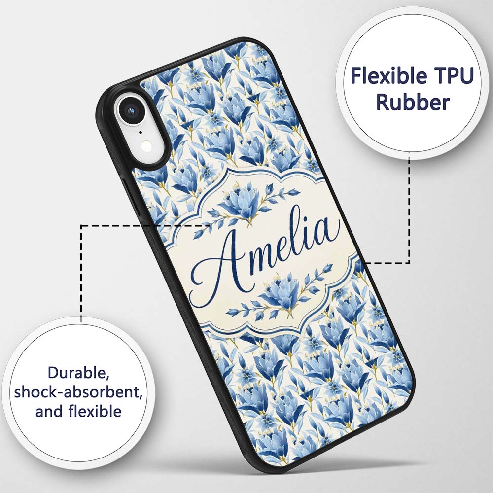 Blue Floral Botanical Elegant Seamless Pattern Custom Name Protective Phone Case Mobile Cover Durable Everyday Smartphone Shock Resistant